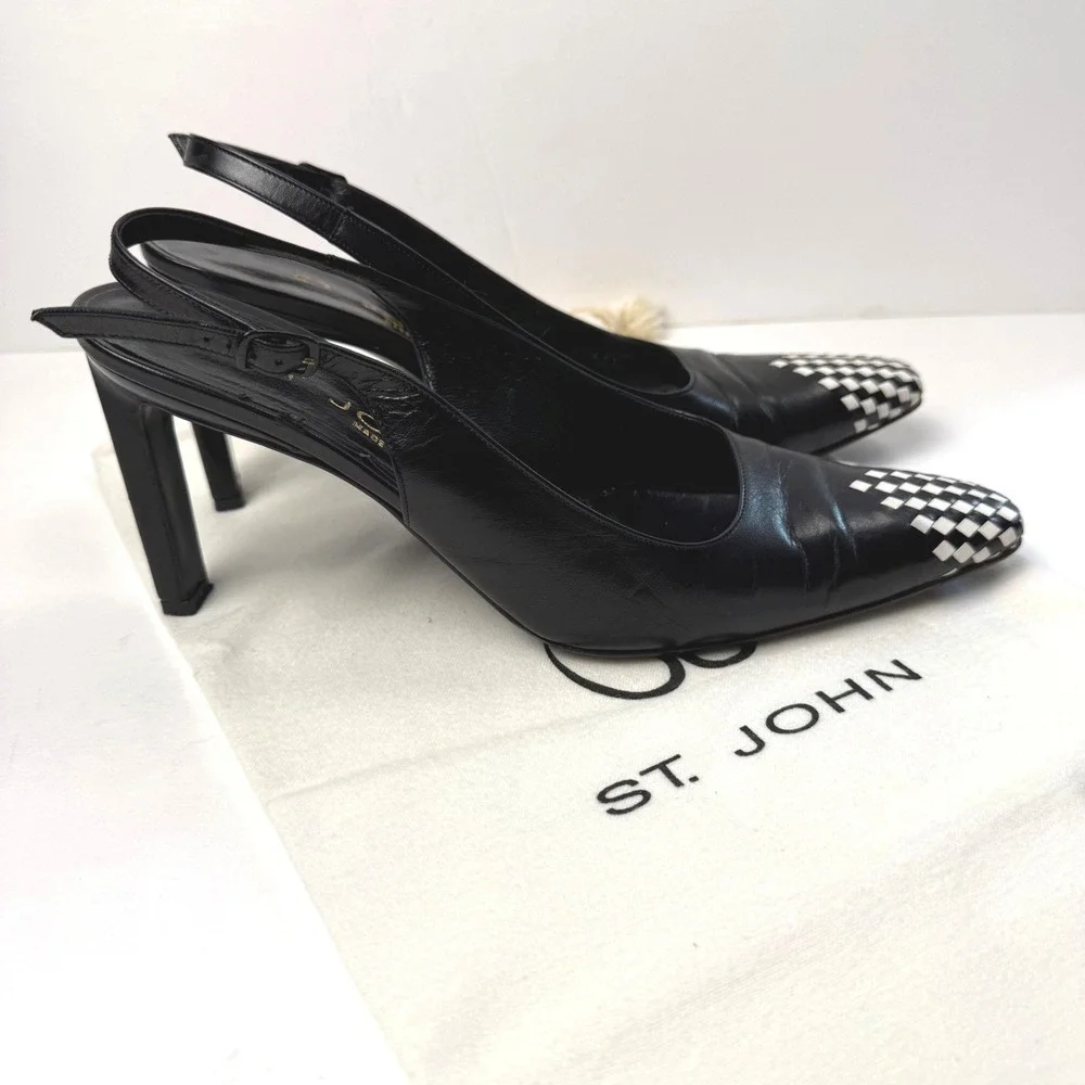 Vintage St. John Anna Slingback Pumps Two Tone Kitten Heel 8B Blk Leather‎ Italy